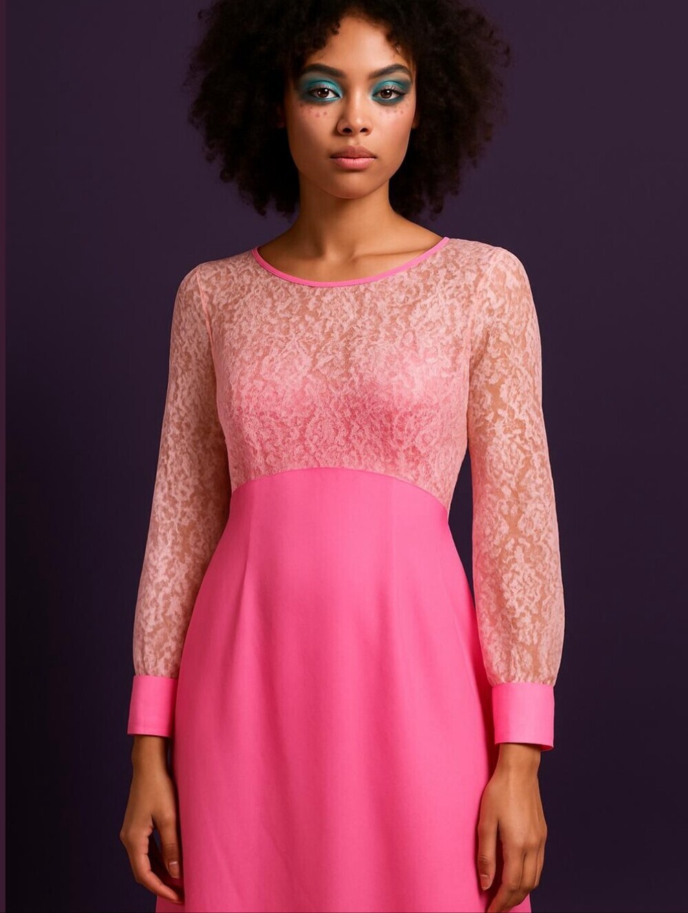 70s Pink Lace-Top Long Sleeve Dress Vintage Barbie Femme Colorful Bell Sleeves 8